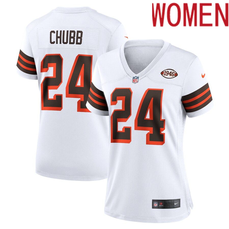 Women Cleveland Browns #24 Nick Chubb Nike White 1946 Collection Alternate Game NFL Jersey->women nfl jersey->Women Jersey
